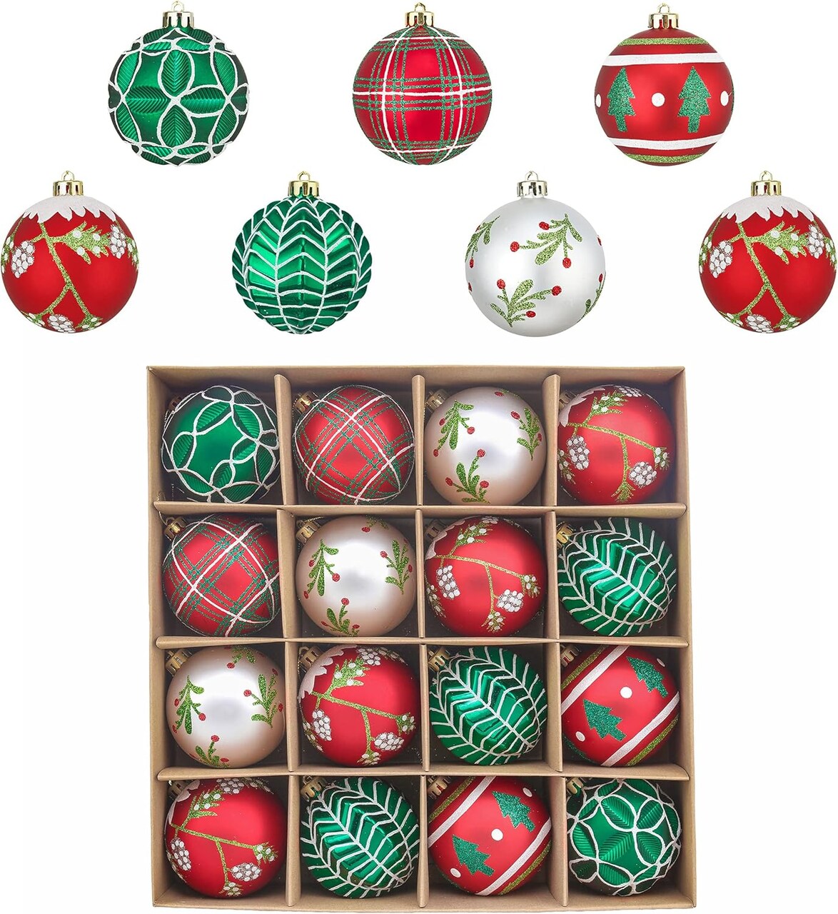 16ct Shatterproof Ball Ornaments Christmas (Red, Green, White)